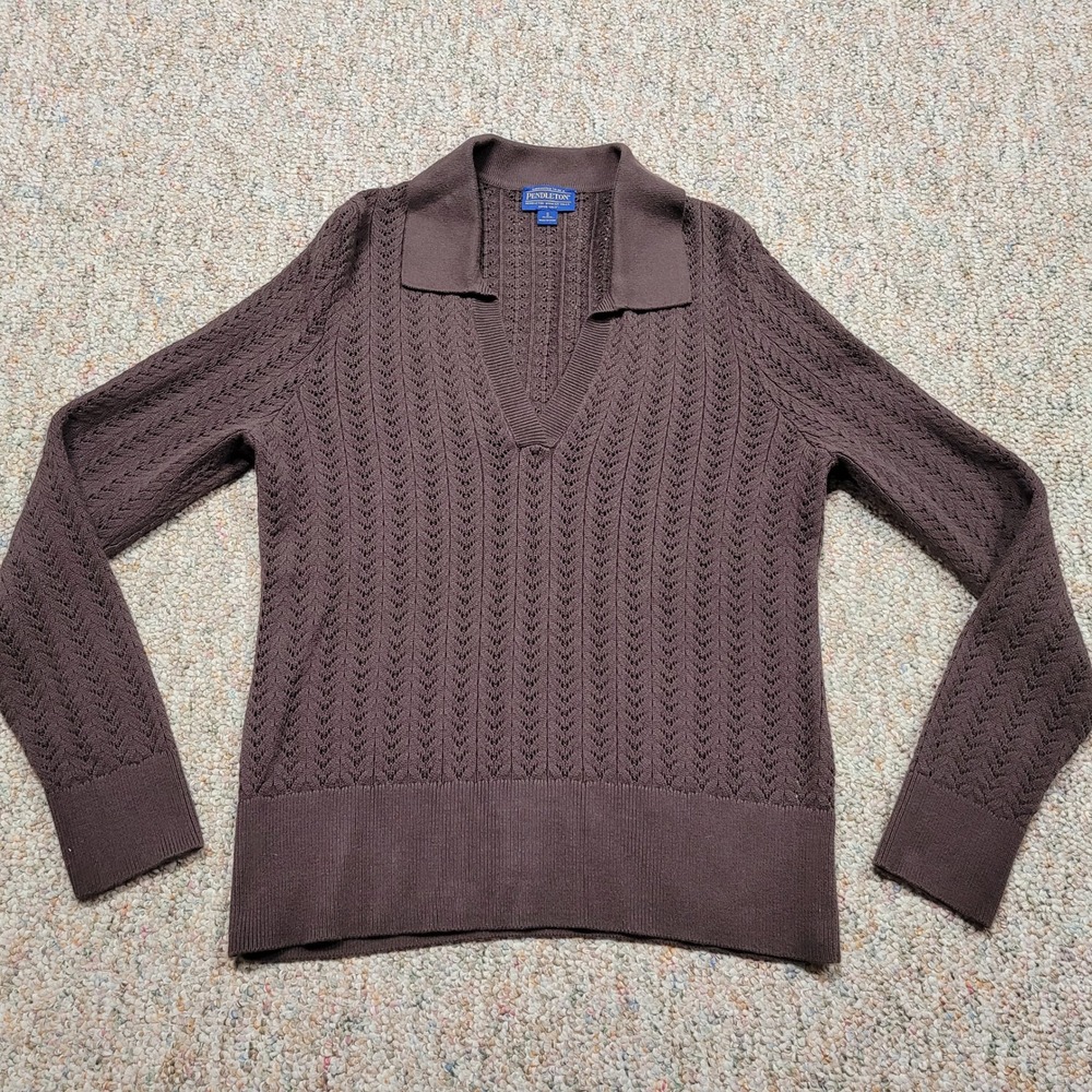 Pendleton Sweater Women Small Petite Brown Pointelle Knit VNeck Polo Long Sleeve